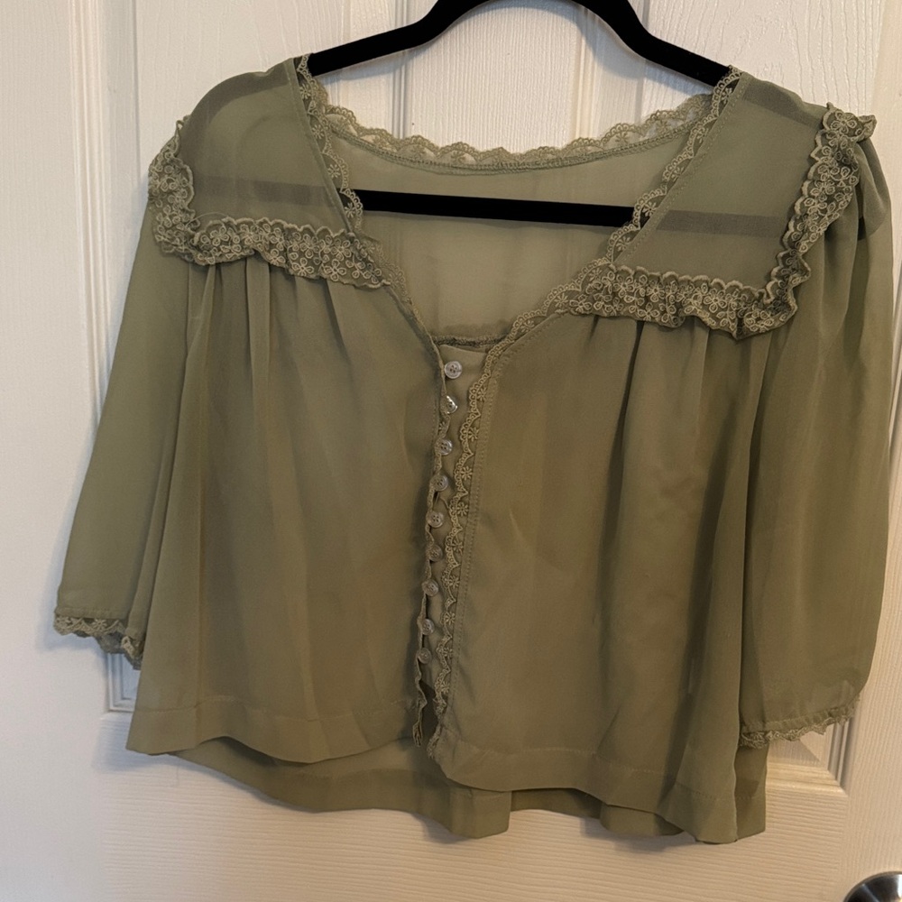 Elegant Olive Green Lace-Trim Blouse
